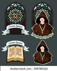 Church Icon Set With Mosaic Window, Flat Vector Illustration 