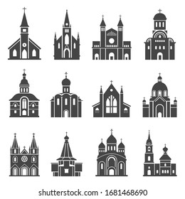 Church icon set, traditional religious spiritual building. Architecture design, building used for public Christian worship. Vector church symbols illustration