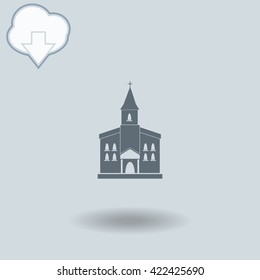 Church icon with shadow. Cloud of download with arrow.
