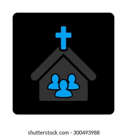 Church icon. The icon symbol is drawn with blue and gray colors on a black button isolated on a white background.