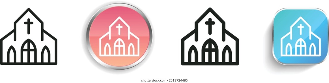 Icono de la iglesia. Diseño de estilo lineal delgado, regular y de Botón aislado sobre fondo blanco
