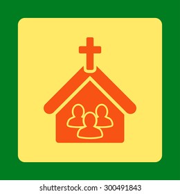 Church icon. This flat rounded square button uses orange and yellow colors and isolated on a green background.