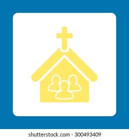 Church icon. This flat rounded square button uses yellow and white colors and isolated on a blue background.