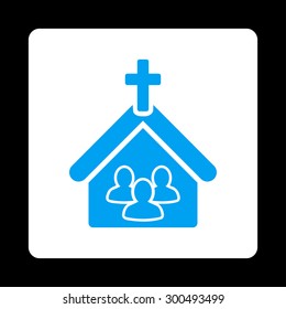 Church icon. This flat rounded square button uses blue and white colors and isolated on a black background.