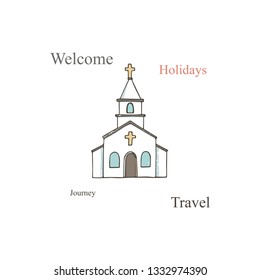 Church icon. Vector illustration for religion architecture design. Cartoon church building silhouette with cross, chapel, fence, trees. Hand drawn flat. Catholic holy traditional symbol