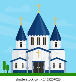 Church icon. Vector illustration for religion architecture design. Cartoon church building silhouette with cross, chapel, fence, trees. Flat summer landscape. Catholic holy traditional symbol. 