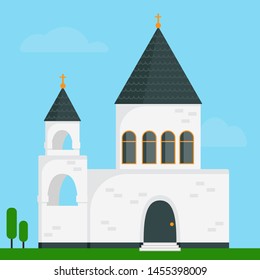 Church icon. Vector illustration for religion architecture design. Cartoon church building silhouette with cross, chapel, fence, trees. Flat summer landscape. Catholic holy traditional symbol. 