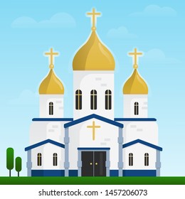 Church icon. Vector illustration for religion architecture design. Cartoon church building silhouette with cross, chapel, fence, trees. Flat summer landscape. Catholic holy traditional symbol. 