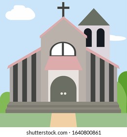 Church icon. Vector illustration for religion architecture design. Cartoon church building silhouette with cross, chapel, fence, trees, bell.