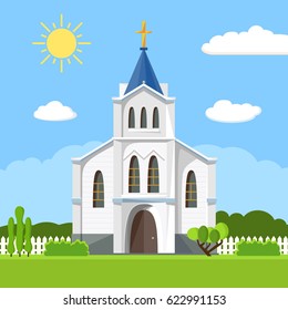 Church icon. Vector illustration for religion architecture design. Cartoon church building silhouette with cross, chapel, fence, trees. Flat summer landscape. Catholic holy traditional symbol.