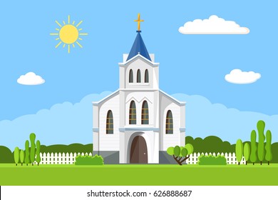 Church icon. Vector illustration for religion architecture design. Cartoon church building silhouette with cross, chapel, fence, trees. Flat summer landscape. Catholic holy traditional symbol.