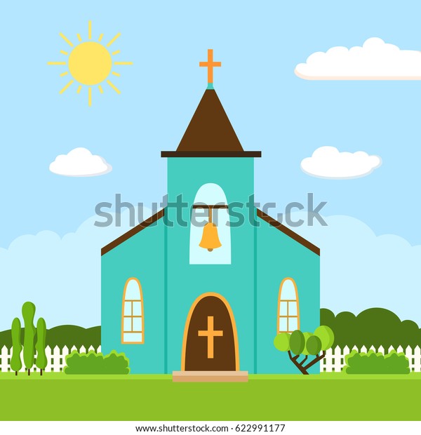 教会のアイコン 宗教建築デザインのベクターイラスト 十字架 礼拝堂 フェンス 木 ベルを使ったカートーンの教会 の建物のシルエット 夏の平らな風景 カトリックの聖なる伝統の象徴 のベクター画像素材 ロイヤリティフリー
