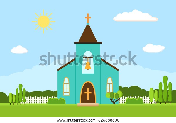 教会のアイコン 宗教建築デザインのベクターイラスト 十字架 礼拝堂 フェンス 木 ベルを使ったカートーンの教会の建物のシルエット 夏の平らな風景 カトリックの聖なる伝統の象徴 のベクター画像素材 ロイヤリティフリー