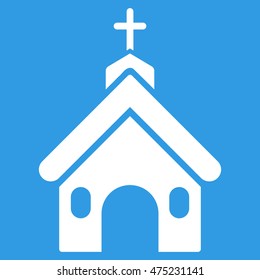 Church icon. Vector style is flat iconic symbol, white color, blue background.