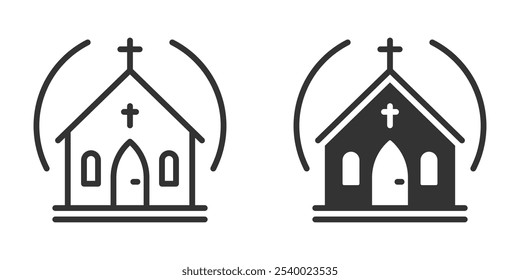 Iconos de la iglesia con contorno y diseños llenos de Elementos arquitectónicos y una cruz. Símbolo religioso Ilustración vectorial.