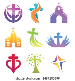 Church icons set. Cartoon set of church vector icons for web design