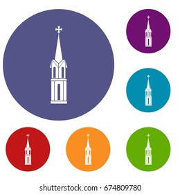 Church icons set in flat circle reb, blue and green color for web