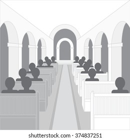 Church indoors with aisle, altar and people sitting on the benches. Perspective view. Grey scale. Vector illustration for your graphic design.