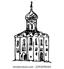 Church of the Intercession on the Nerl. Old Russian Orthodox architecture. Hand drawn linear doodle rough sketch. Black and white silhouette.