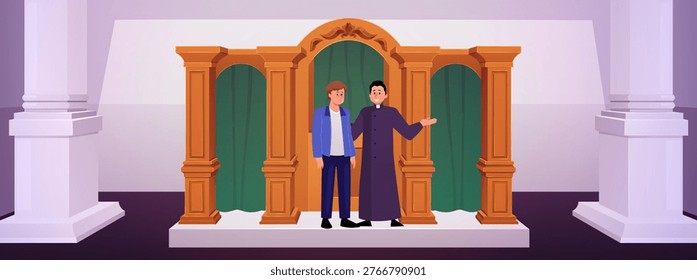 A church interior with columns, a confessional, and a priest and a man. The theme is religion, confession, traditions, faith, and spirituality. Vector flat illustration. Cartoon style.