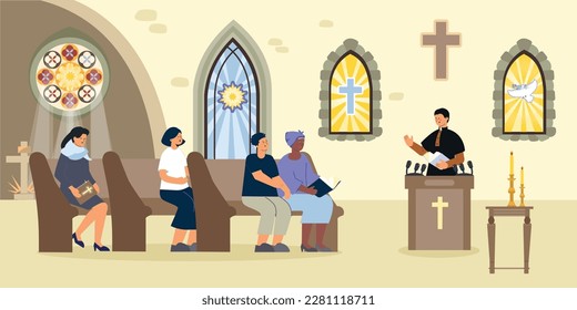Church interior flat composition with indoor view of chapel with priest and praying people on benches vector illustration