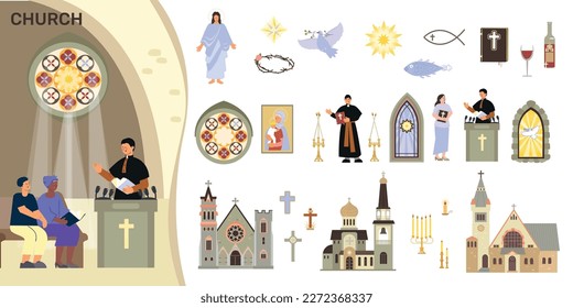 Church interior flat set with composition of catholic church prayer and isolated icons of spiritual items vector illustration