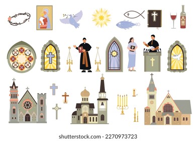 Esquina interior de la iglesia con íconos aislados de objetos espirituales velas cruzan a la gente y templos edificios ilustración vectorial