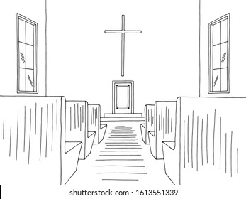 Church interior graphic black white sketch illustration vector