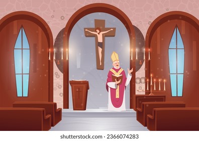 Church interior. Indoor background of catholic church exact vector religion template illustration in cartoon style