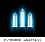 Church interior with stained-glass window, morning radiance in dark,  catholic chapel window, vector