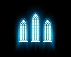 Church Interior With Stained-glass Window, Morning Radiance In Dark,  Catholic Chapel Window, Vector