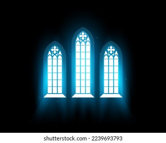 Church interior with stained-glass window, morning radiance in dark,  catholic chapel window, vector