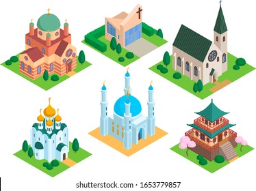 Church isometric vector temple religion building. Illustration of catholic, christian and muslim architecture. Chapel tower, palace and mosque cultural landmark isolated on white.