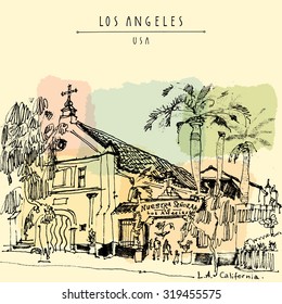 A church in LA, California. Vintage hand drawn postcard or poster in vector