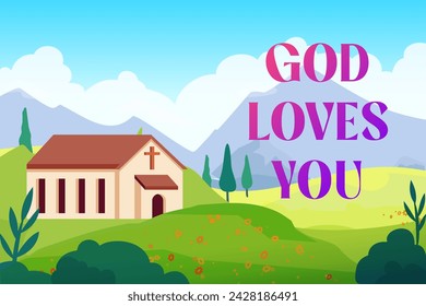 Paisaje de la iglesia. Capilla en la colina. Los dioses aman. La fe cristiana. Cielo y prado. Edificio con cruz. Paisaje de verano. Banner de la creencia de Cristo. Tarjeta de Pascua de primavera. Ilustración plana del vector