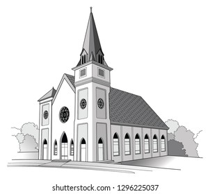 Church Line Drawing is a detailed illustration of a church.It has the shape of a traditional church but is an imaginary building