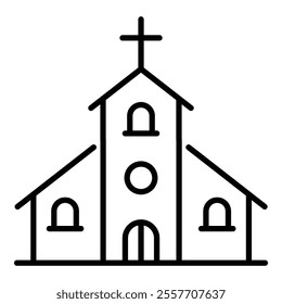 Church line icon with editable stroke, representing religious institutions, places of worship, and community gatherings