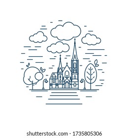 Church line icon. Round design with facade of religious building. Vector illustration isolated on a white background.