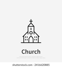 Church line icon, vector pictogram of catholic chapel building. Religious house illustration, sign for christian logo. Web symbol in vector flat style.