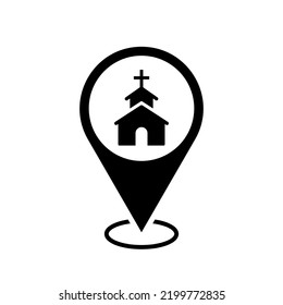 church location map pointer, house church icon with location pin, black symbol isolated on white background, vector marker, christian religion sign