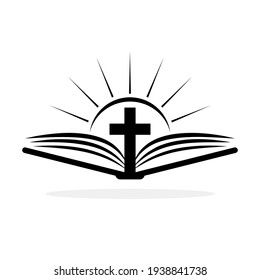 Church logo. Bible with christian cross. Abstract religion symbol. Vector illustration.