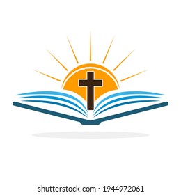 Church logo. Bible with christian cross. Abstract religion symbol. Vector illustration.