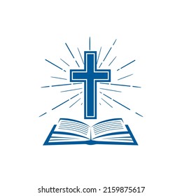 Church logo. Bible with christian cross. Abstract religion symbol. Vector illustration.