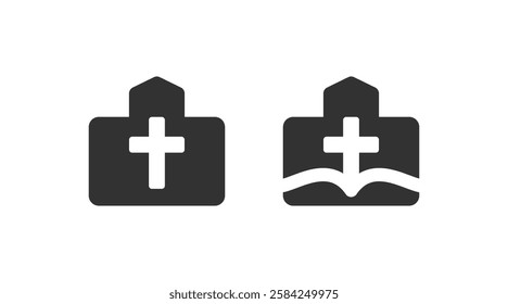 Church logo. Bible and cross symbol. Christianity, Catholicism architecture.