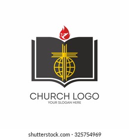 Church logo. Bible, globe, cross, flame and dove.