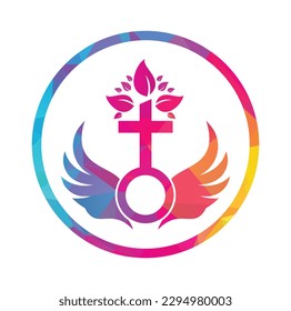 Church logo. Bible, Jesus' cross and angel wings. Wings church tree logo design icon.