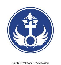 Church logo. Bible, Jesus' cross and angel wings. Wings church tree logo design icon.