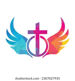 Church logo. Bible, Jesus' cross and angel wings. Wings church logo design icon.