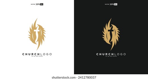 Church logo. Bible, Jesus' cross and angel wings. Wings church logo design icon for download