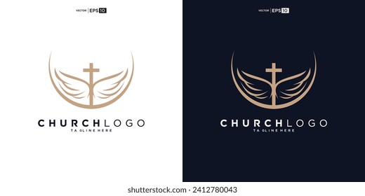 Kirchenlogo. Bibel, Jesus' Kreuz und Engel Flügel. Wings Church Logo Design Symbol für den Download